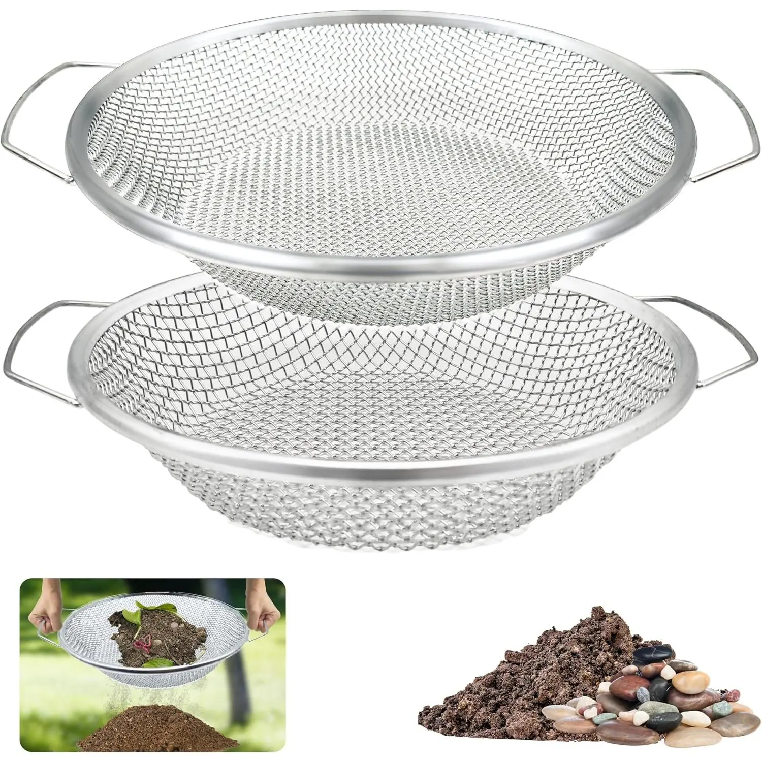 2PCS Soil Sifter for Gardening, Rock Sifter for 5gallon Bucket, Dirt Sifter Compost Sifter, Sifter for Gravel Sawdust Vermicompost, 3mm, 6mm Soil Sifter with Handle