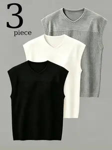 Men's Summer Knit Tank Tops 3-Pack, Loose-Fitting Plain Design, Round Neck Hollow Out, Casual Streetwear, Soft, Colors