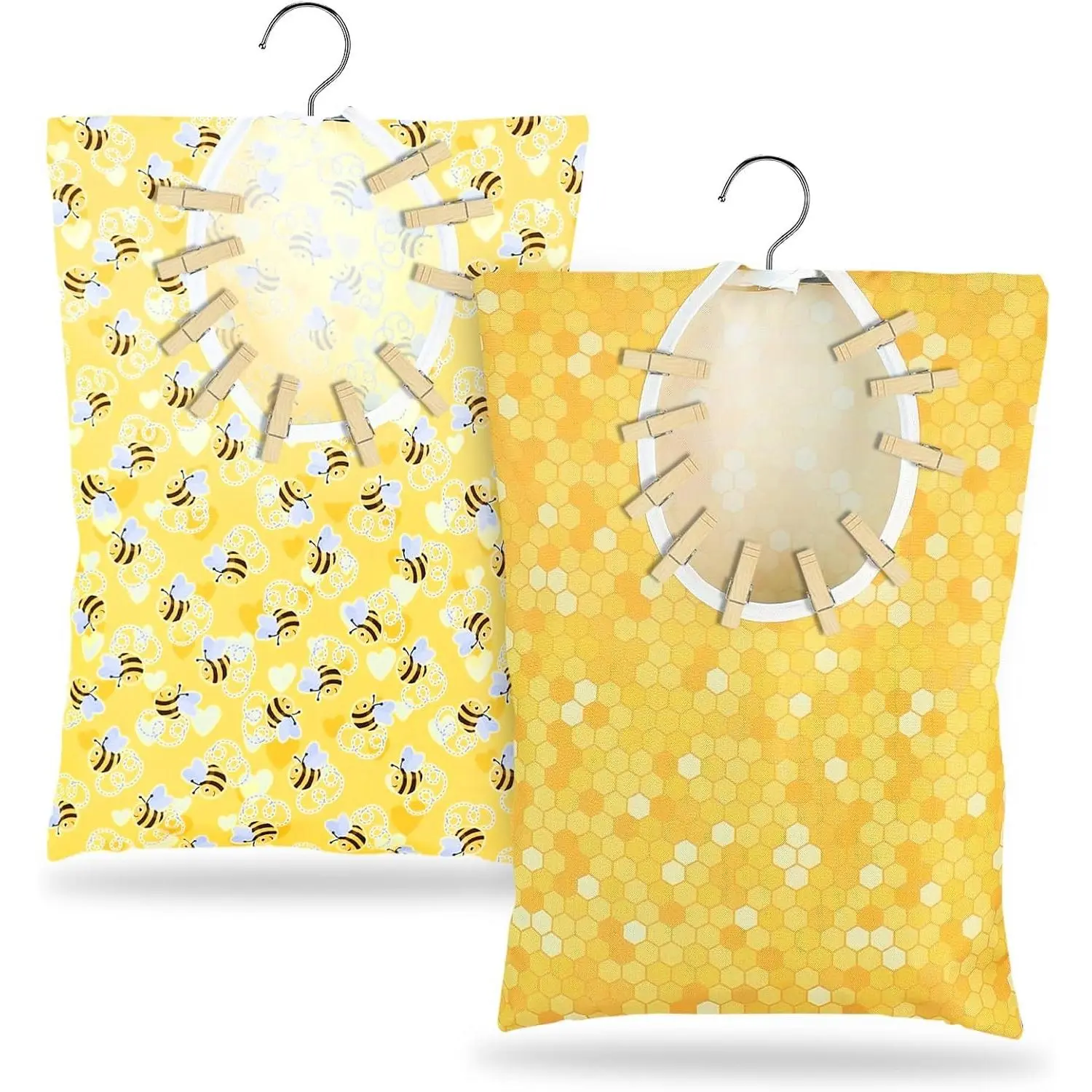 Bee Honeycomb Clothespin Holder - 2 Pcs Bee Clothes Pin Bags - 15 X 11 Inch - Clothes Hanging Bag for Laundry Room & Outdoor Use