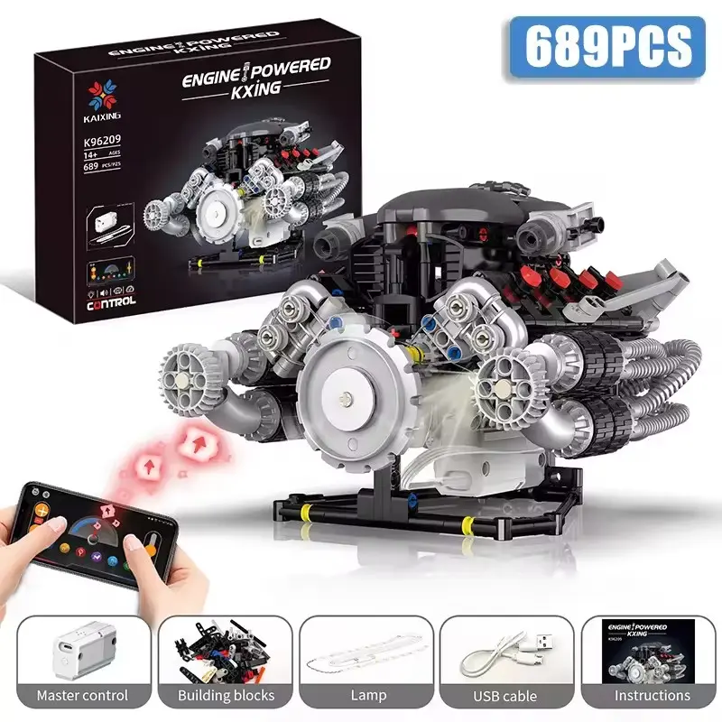 V8 Electric Engine Building Blocks, Programmable Phone Remote Control, Lights, Interactive Toy for Boys, Birthday Gift Box, Age 6+