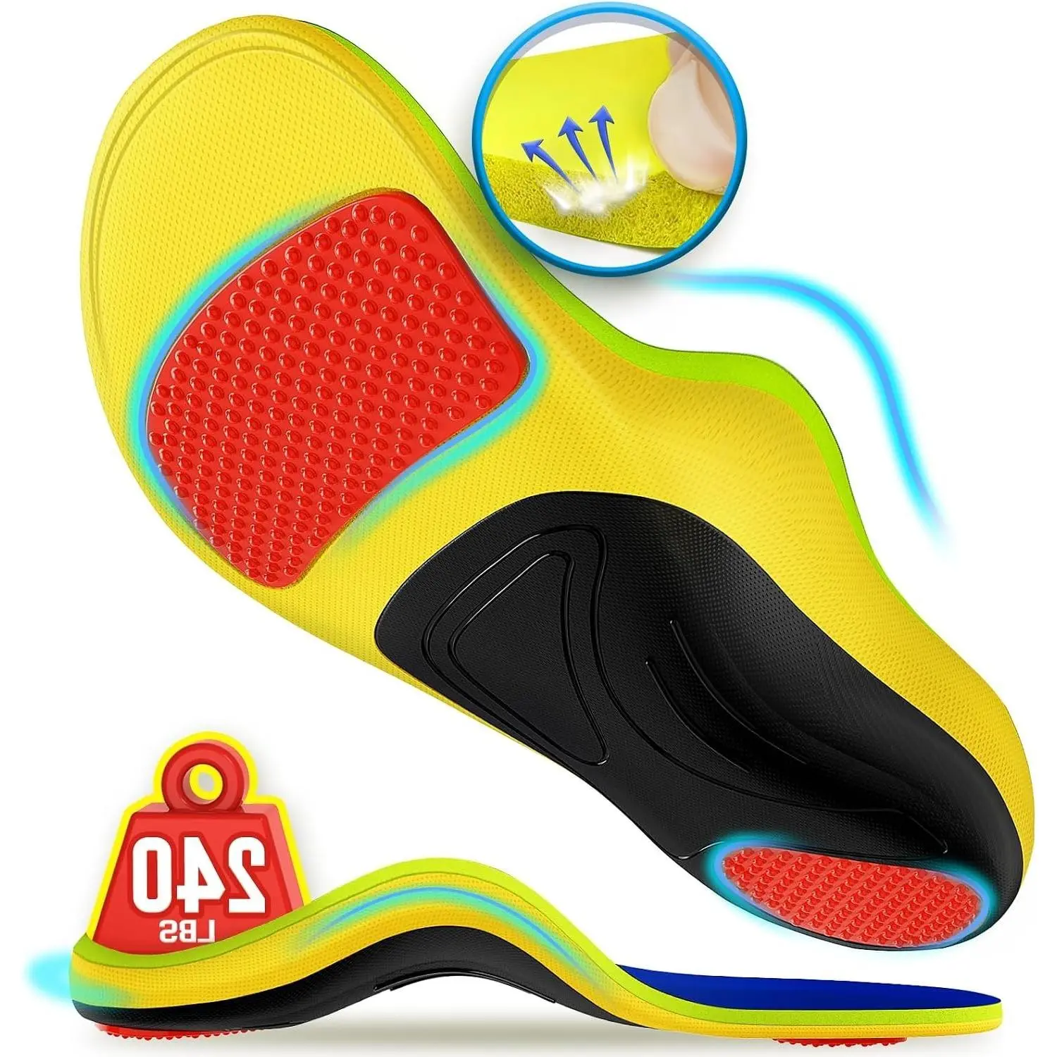 Plantar Fasciitis Relief Insoles for Men & Women - 240+ lbs Heavy Duty High Arch Support Inserts, 100% Memory Foam Comfort Orthotic Shoe Insoles for Flat Feet & Work Boots, Shock Absorbing Pain ReliefGift