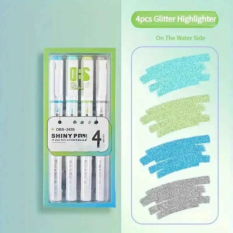 Glitter Highlighter Pen, 1 Count 4 Colors Fine Tip Highlighter Pen, Colorful Marker Pen for School Home Dormitory Office