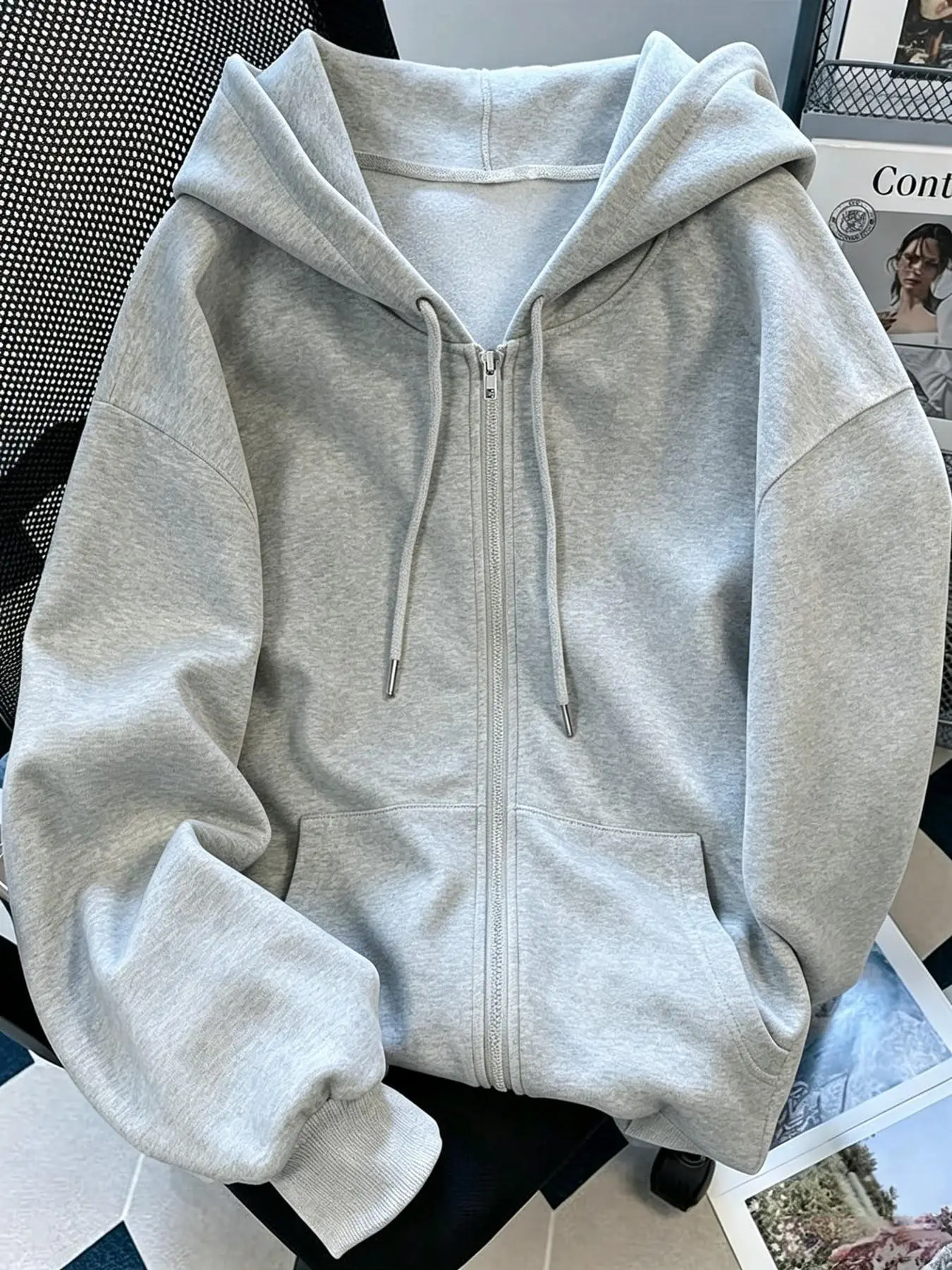 Women Solid Color Long Sleeve Zip Up Hoodie Oversized Loose Fit Drawstring Hooded Sweatshirt With Front Pocket Casual Daily Streetwear Basic Full Zip Jacket Black White Gray