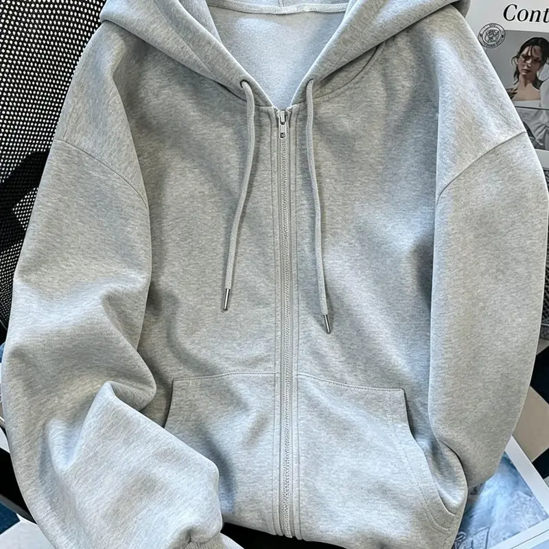 Women Solid Color Long-Sleeve Zip Up Hoodie, Oversized Loose Fit Drawstring Hooded Sweatshirt With Front Pocket, Casual Daily Streetwear, Basic Full Zip Hoodie, Casual Hooded Sweatshirts, Drawstring Hoodies
