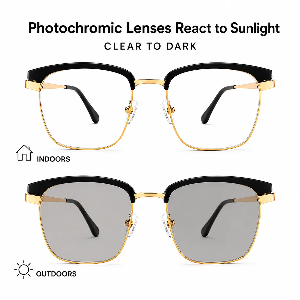 Unisex Photochromic Semi-Rimless Glasses - Black Gold, Polycarbonate UV-Filtered Adaptive Lenses, Blue Light Filter, Lightweight, for Men, Women's Sunglasses, Casual Wear