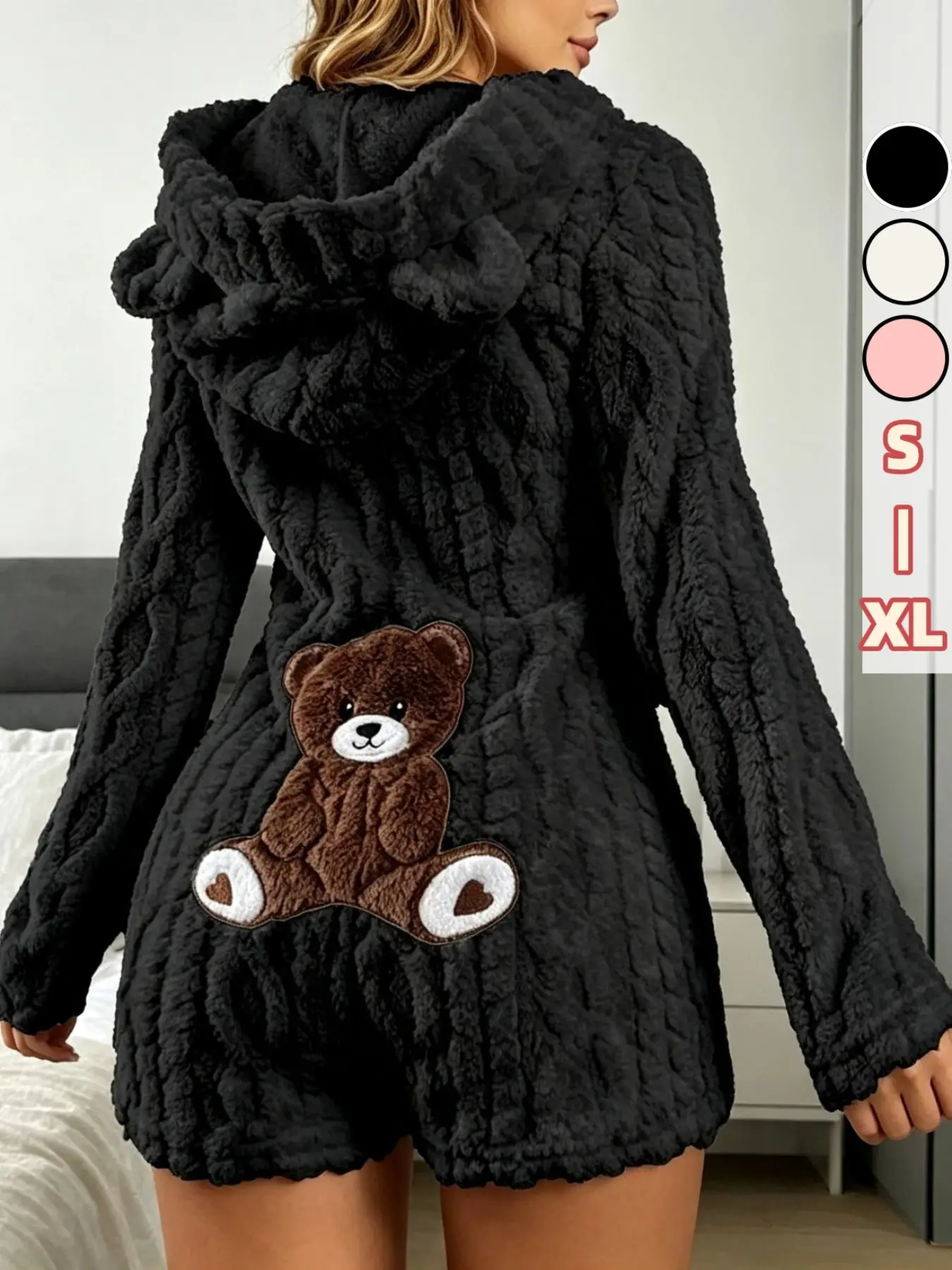 Women's Hooded Sleepwear Overall, Cute Bear Embroidery, Plush Ears Decoration, Zipper Closure, Casual Fitted Pajamas, Multiple Colors Available