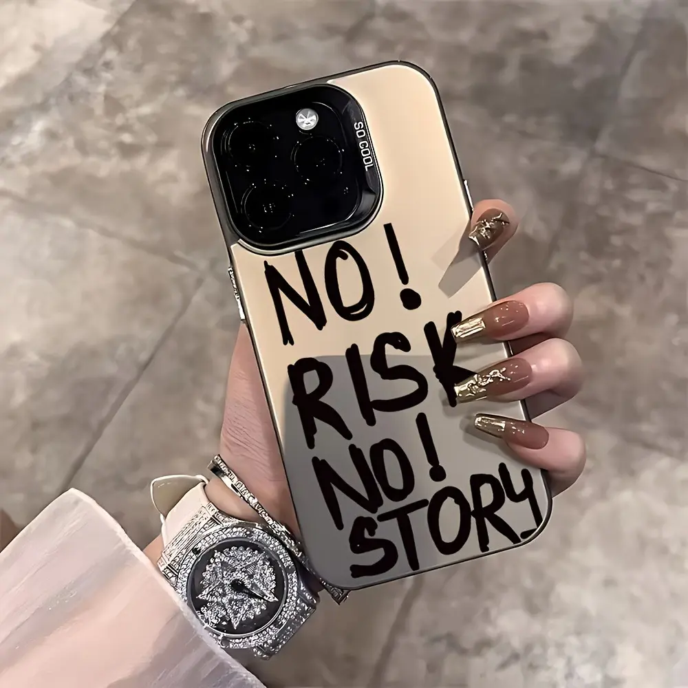 Phone Case: 1 No Risk, No Story Black English Minimalist Fashion Pattern Gray Color Silvery Phone Case with Soft Edge and Hard Back, Suitable for iPhone 17/17 Pro/17 Pro Max/17 Air/iPhone 16/16 Pro/16 Pro Max/16 Plus/15/15 Pro/15 Pro Max/14/14
