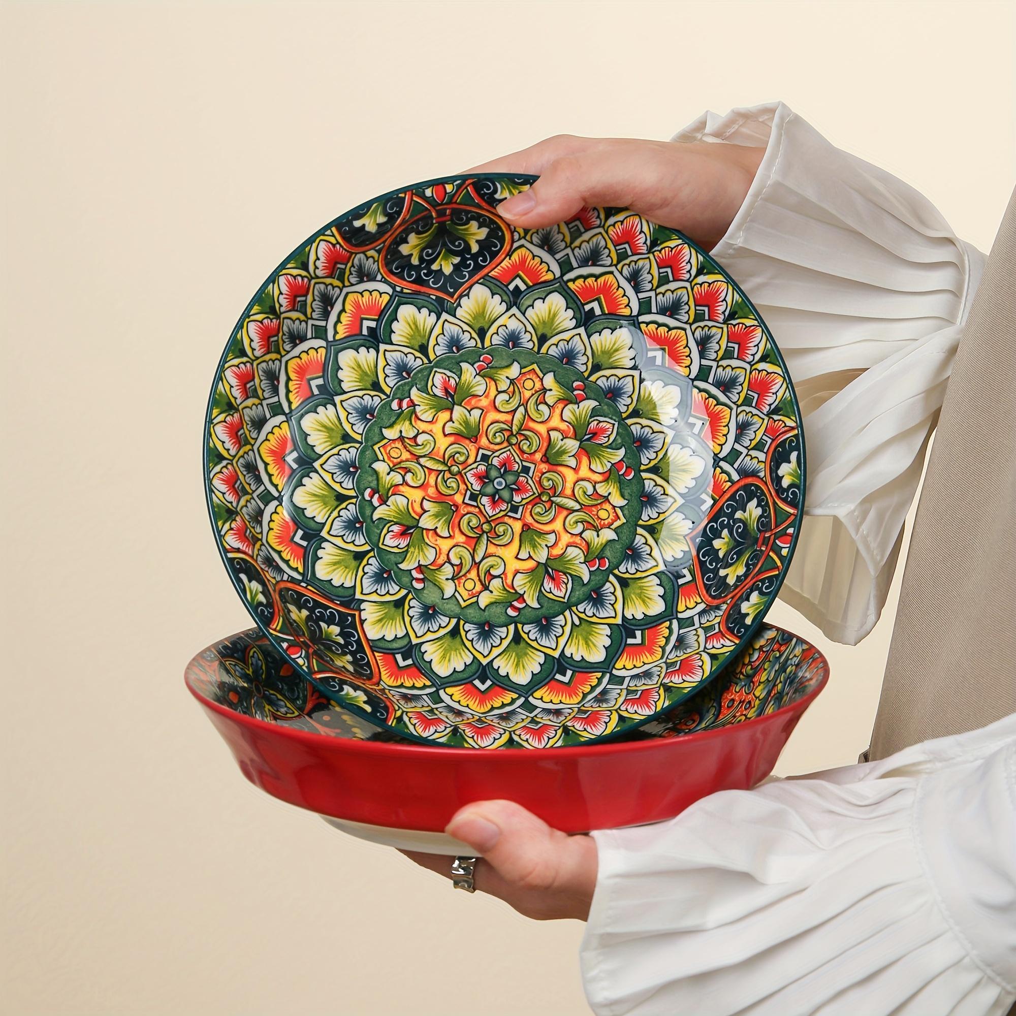 Bohemian Style Floral Pattern Ceramic Dinner Plate Set, 4 Counts/set Creative Dish Plate, Large Deep Plate for Home and Restaurant Use, Salad Serving Plates