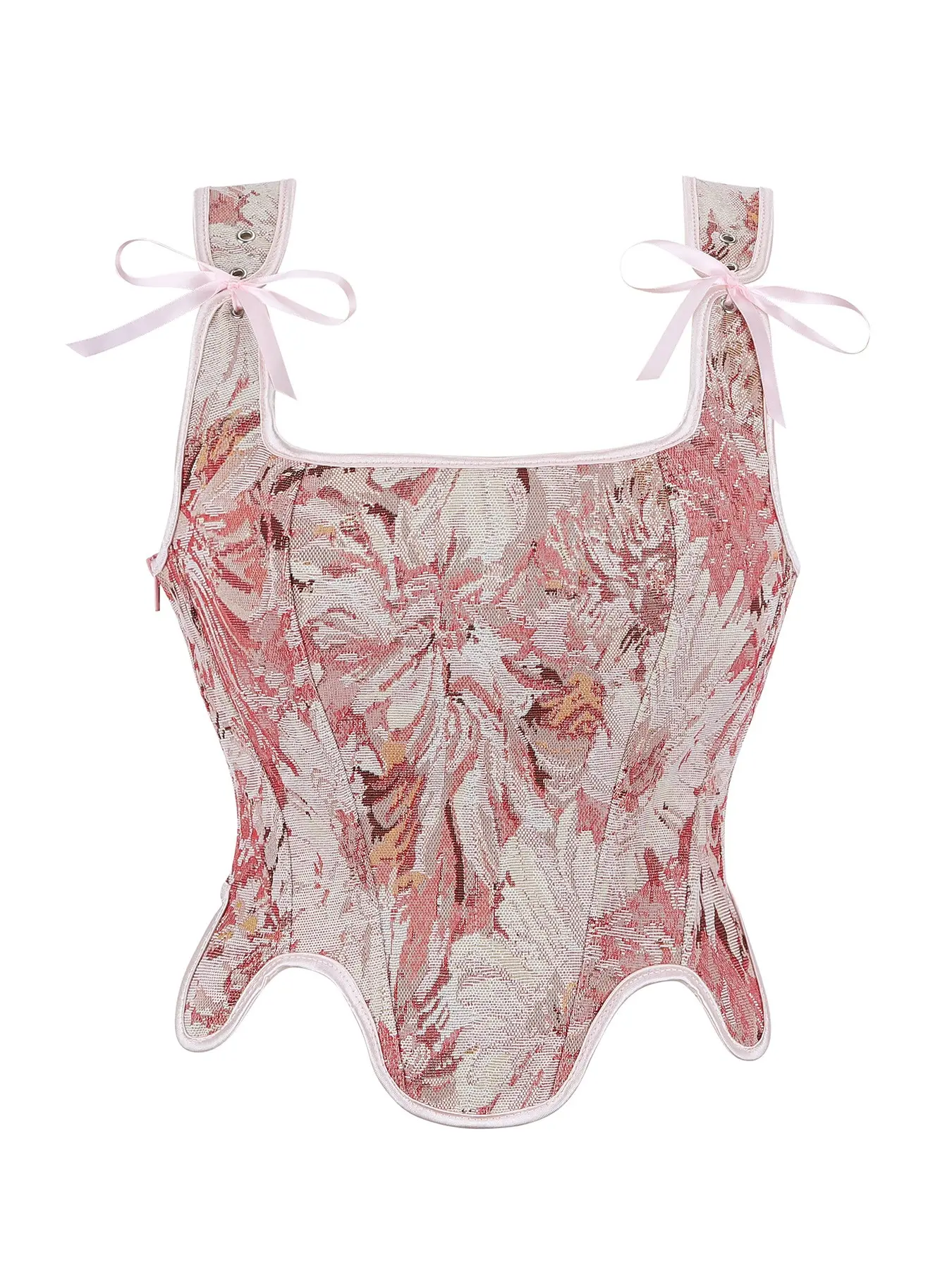 Women's New Vintage Style Tight-Fitting Floral Print Corset, Monet Oil Painting Floral Jacquard Back Tie Side Zip Bone Shaper, Party & Daily Wear, Underwear