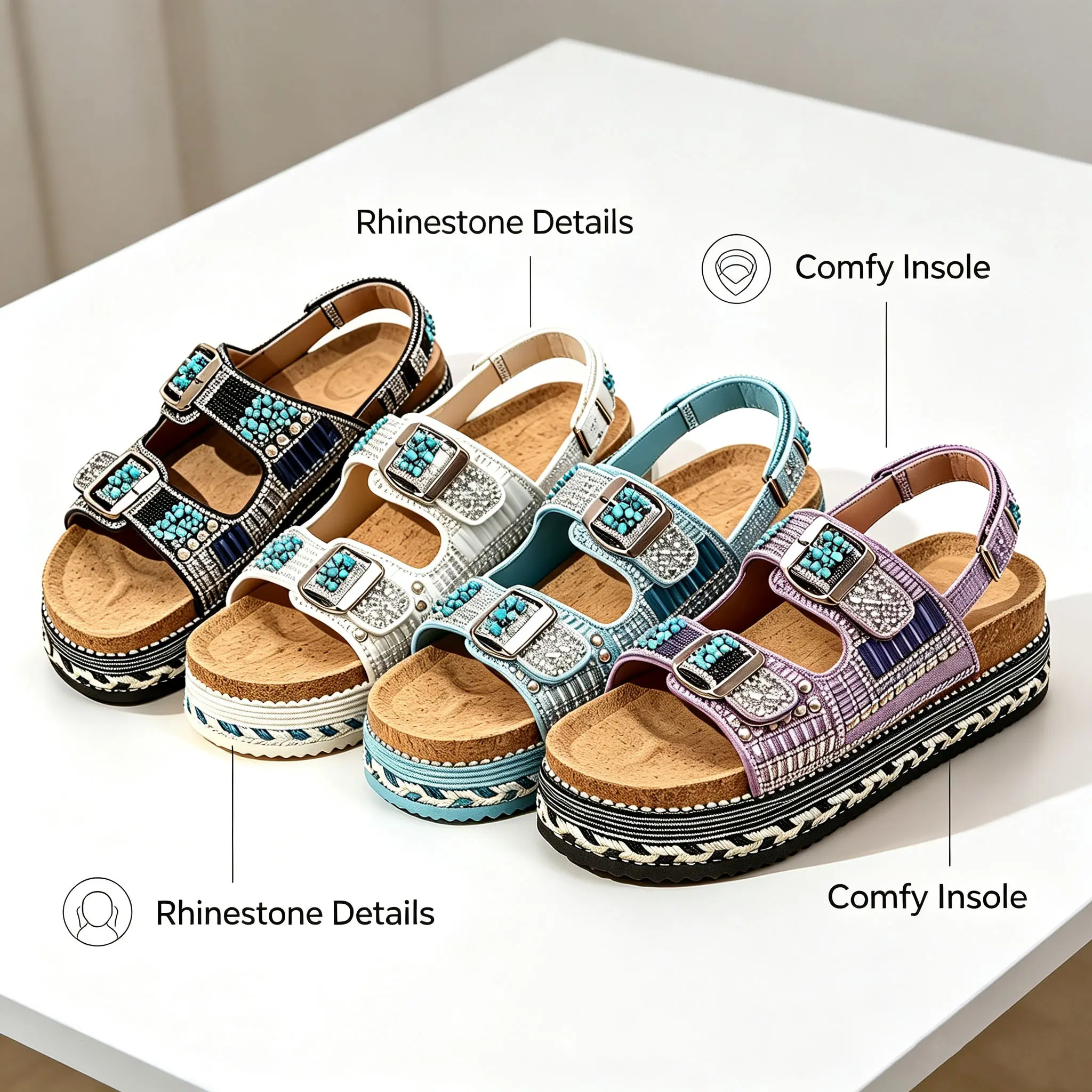 Women's Boho Bling Platform Sandals - Sparkling Rhinestones, Adjustable Buckle Strap, Thick Sole, Cork Footbed Slides for Casual Wear | Women's Footwear, Fashion Shoe, Cork Insole, Open Toe, Slip Resistant, Sparkly Accents