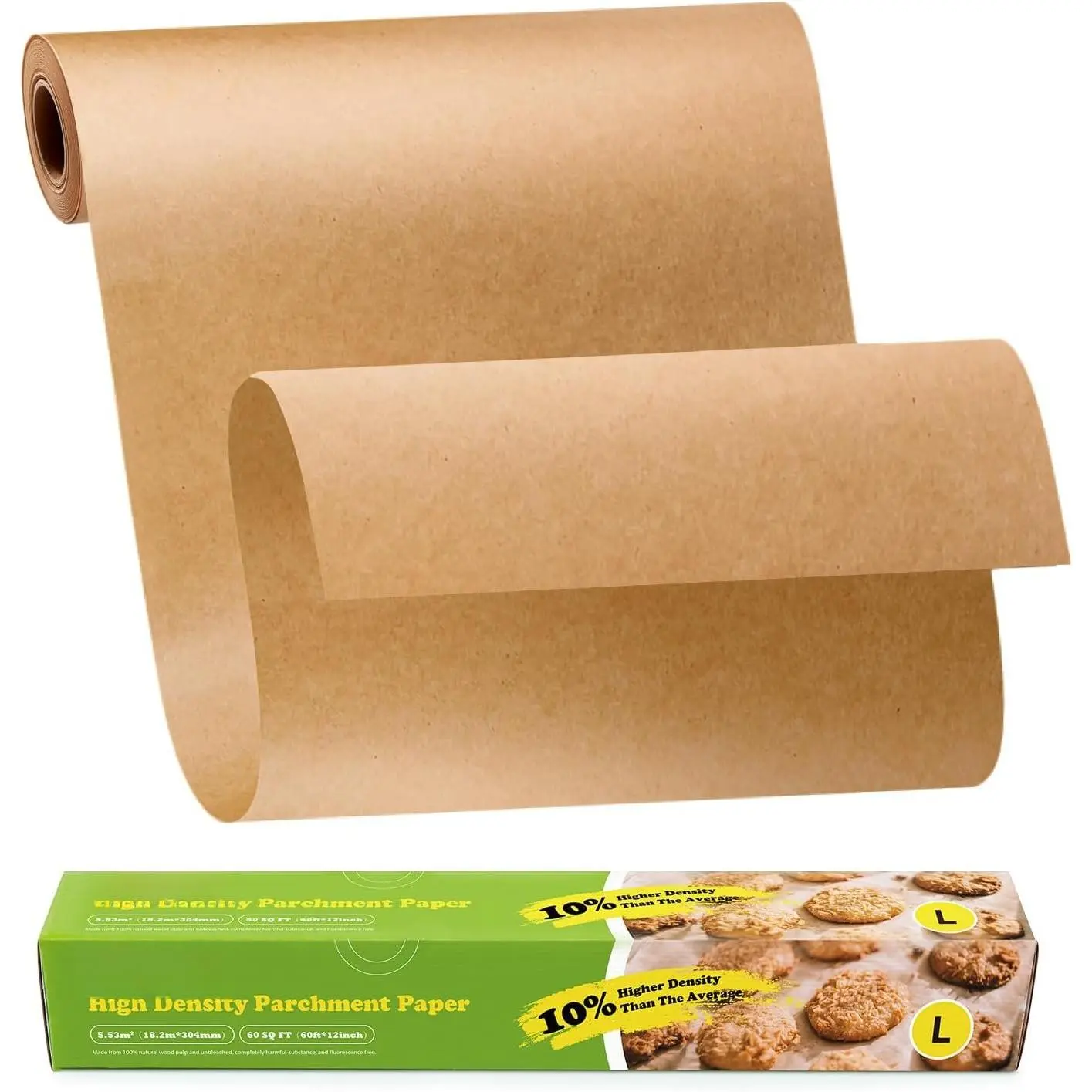 12 in x 60 ft Non-Stick Unbleached Baking Paper Roll, Compostable High-Density Bakeware Utensil, Ideal for Baking & Cooking, 60ft Long Roll Form with Full Coverage