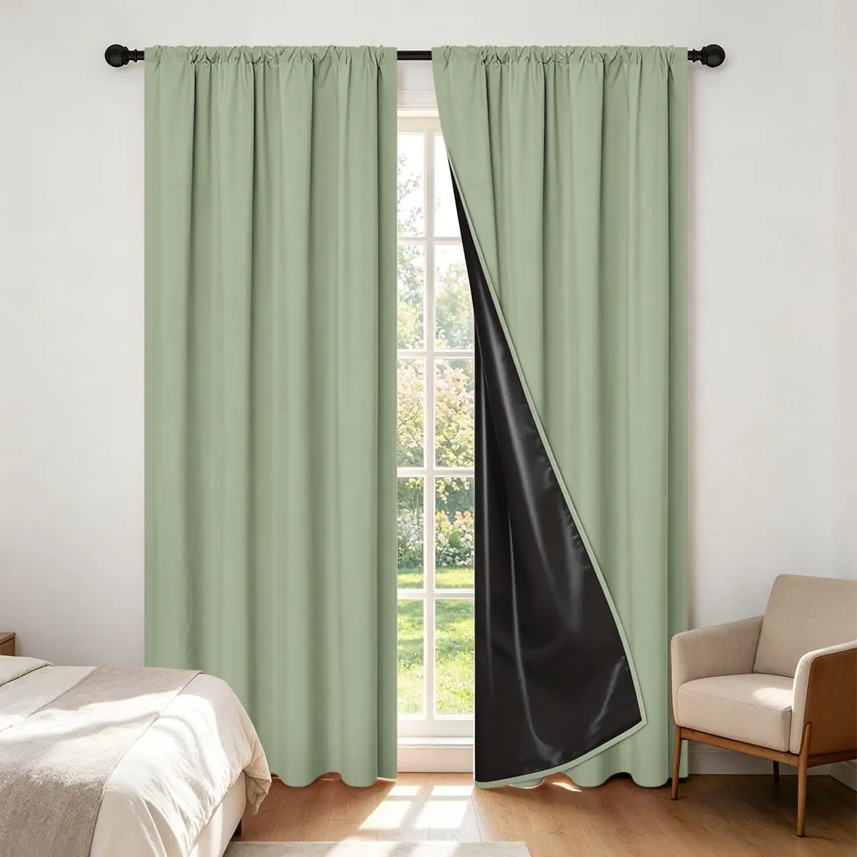 2pcs Bean Lined Rod Pocket Blackout Curtains, Japanese Style Fresh Minimalist, Sunscreen Noise Reduction, Master Bedroom Balcony Window, Light Blocking Curtains