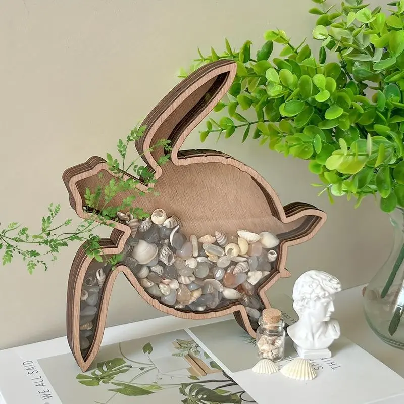 Turtle Wooden Shell Display Box, Ocean Style Transparent Storage, Tropical Home Decor, Beach Seashell Memorial, Unique Gift Idea