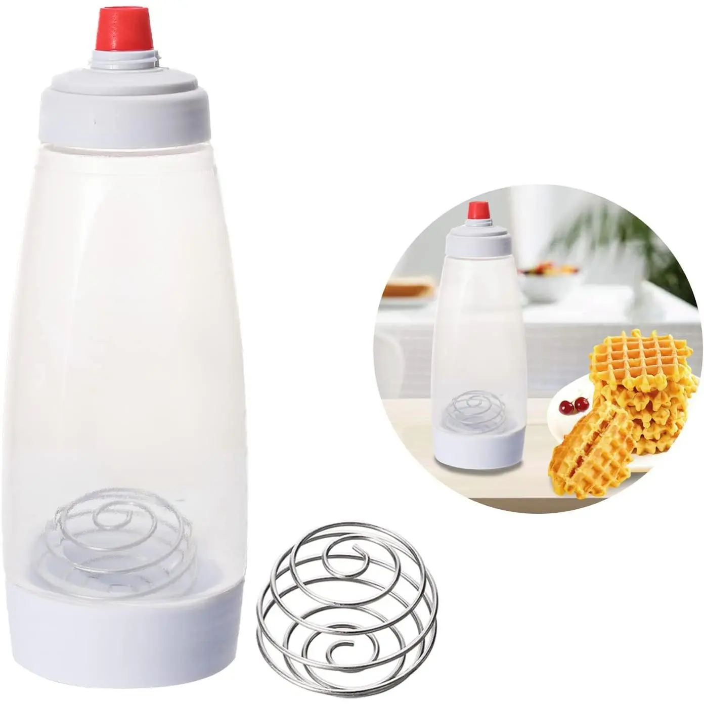 Pancake Batter Dispenser and Mixer with BlenderBall Wire Whisk Batter Bottle Squeeze Kitchen Pancake Shaker Batter Dispenser Bottle Baking Tool for Cupcakes, Muffins, Crepes, and More