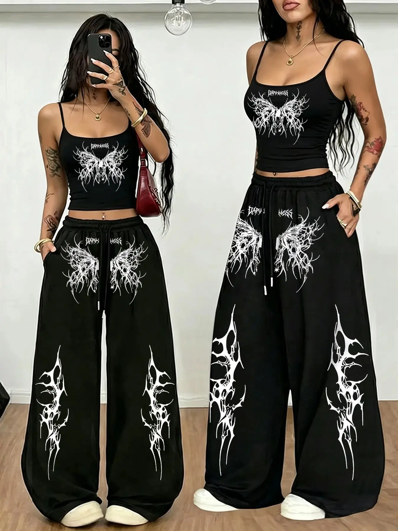 Women Dark Punk Alt Two Piece Matching Outfit Stretch Knit Crew Neck Long Sleeve Full Side Vertical Ruched Slim Crop Top White Thorn Butterfly Gothic Letter Graphic, Prints High Waist Elastic Drawstring Loose Wide Leg Jogger Sweat Pant With Cuff Tie S