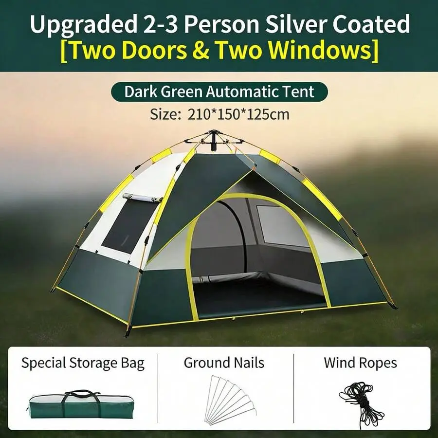 Waterproof Windproof Camping Tent, 2-4 Person With Mesh Doors
