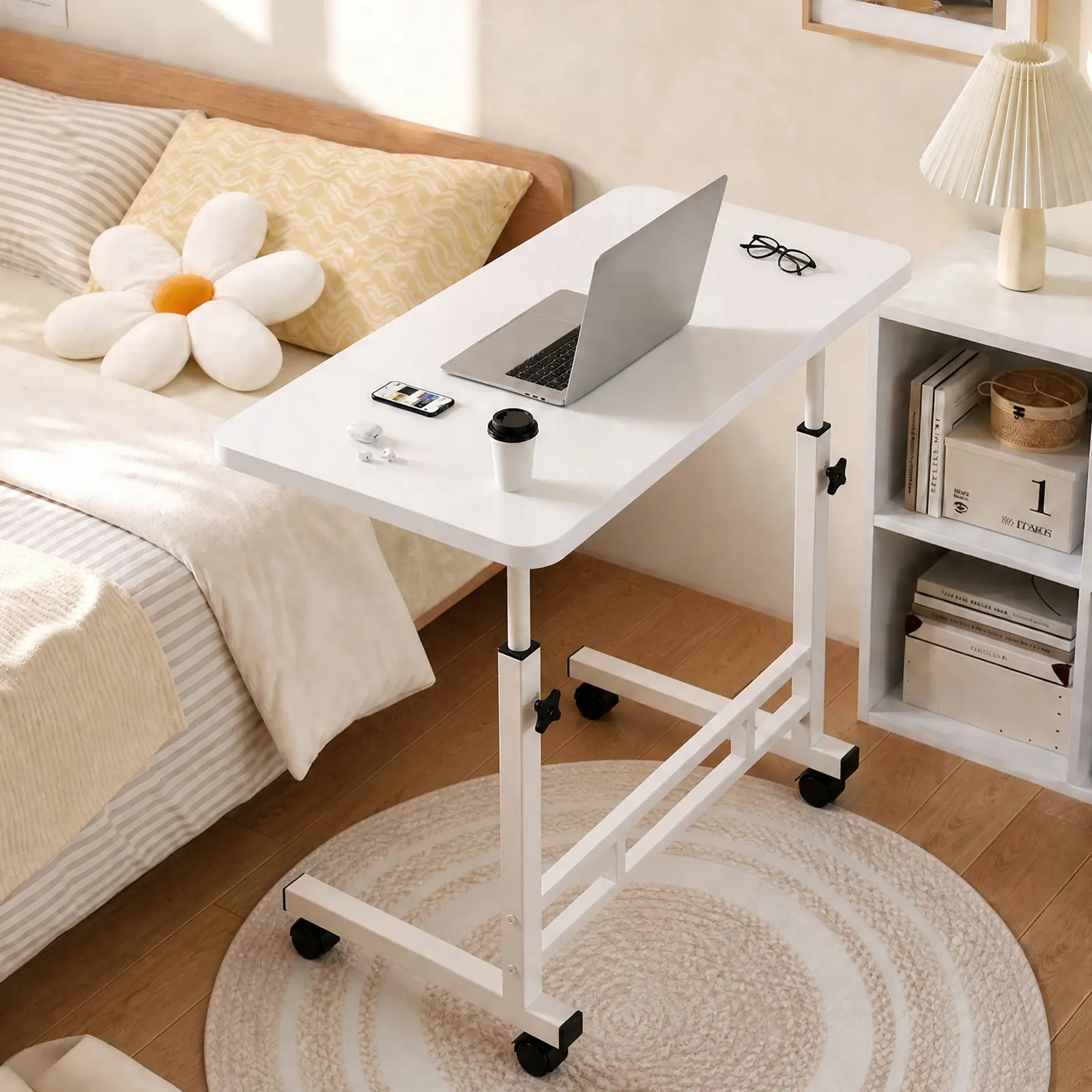 Adjustable Height Rolling Desk - Back to School Mobile Computer Table for Students, Desk for Bedroom, Home Office with Storage, Easy Assembly Required