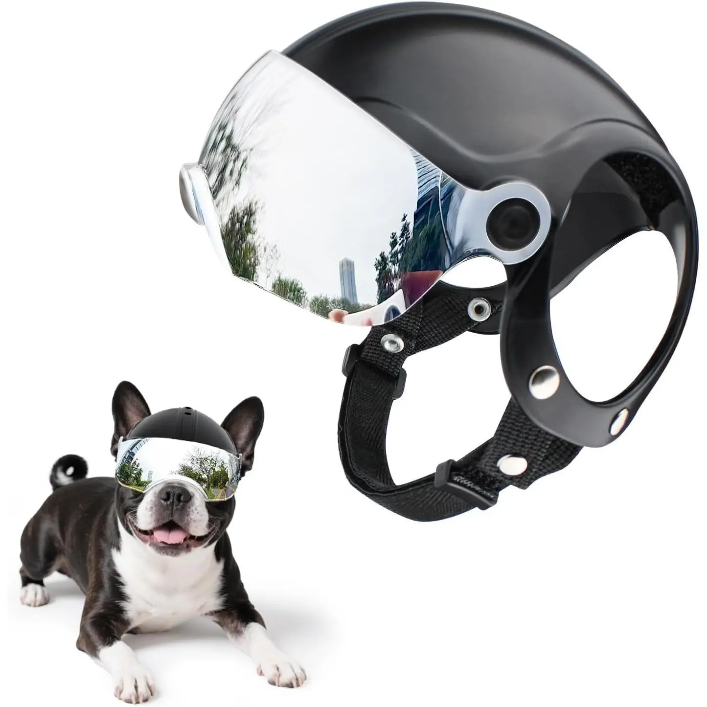 Small Breed Dog Helmet Halloween Costume - Durable ABS Shell, Adjustable Magic Tape Strip, Rivet-Free Drop-Down Anti-UV Visor for Eye Protection, Ear Holes, Ideal for Rides Bikes, Motorcycle, Car