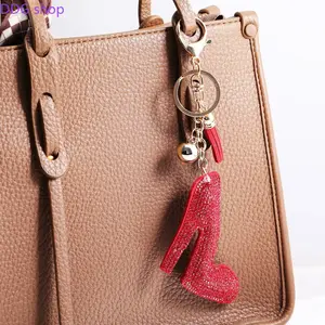 High Heels Rhinestone Tassel Keychain, Pink Glitter Shoe Bag Charm with Gold Tone Hardware, Luxury Bling Crystal Car Key Ring Accessories Gift for Women