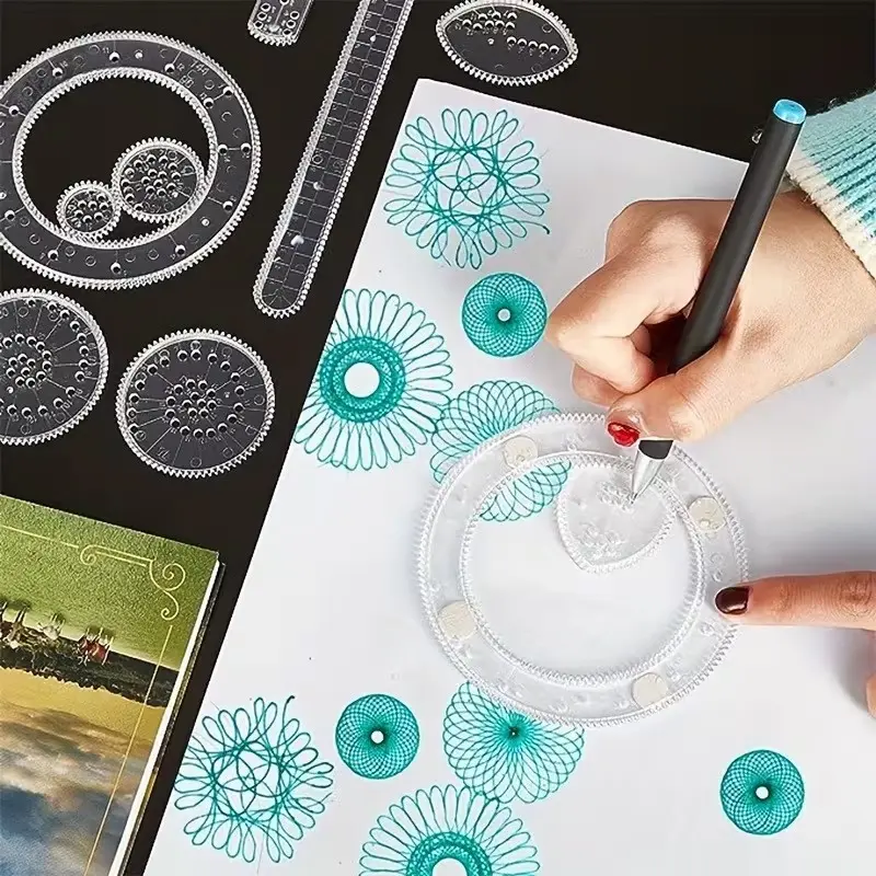 28-Piece Drawing Spiral Template Set, Transparent Spiral Art Gears, Geometric Ruler, Curve Templates, Includes Pen Paper, Ideal for Art Crafts and Sketching