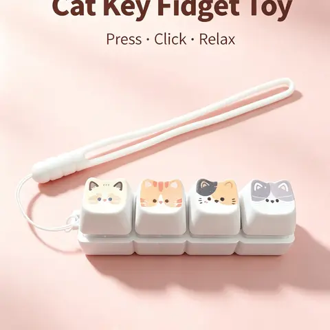 Cute Cat 1/4/9-Key Fidget Keyboard Keychain, Mechanical Clicker Stress Relief Toy with Lanyard, Kawaii Cat Face Pattern Fidget Pad, Aesthetic Desk Accessory for Teens & Adults, Anti-Anxiety Fidget Toy for ADHD, Animal Fidgets
