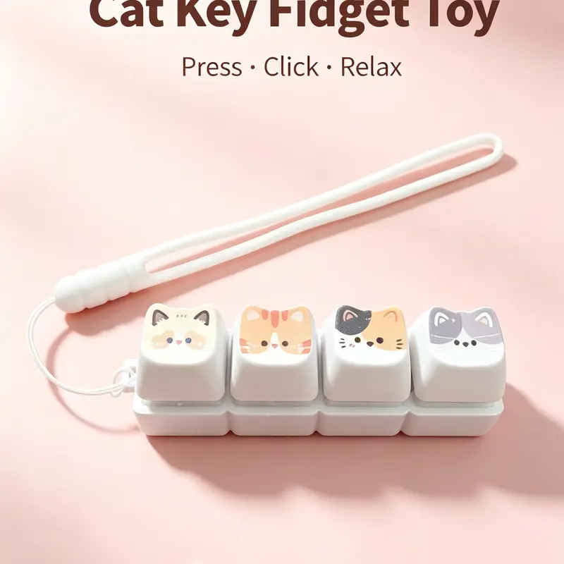 Cute Cat 1/4/9-Key Fidget Keyboard Keychain, Mechanical Clicker Stress Relief Toy with Lanyard, Kawaii Cat Face Pattern Fidget Pad, Aesthetic Desk Accessory for Teens & Adults, Anti-Anxiety Fidget Toy for ADHD, Animal Fidgets