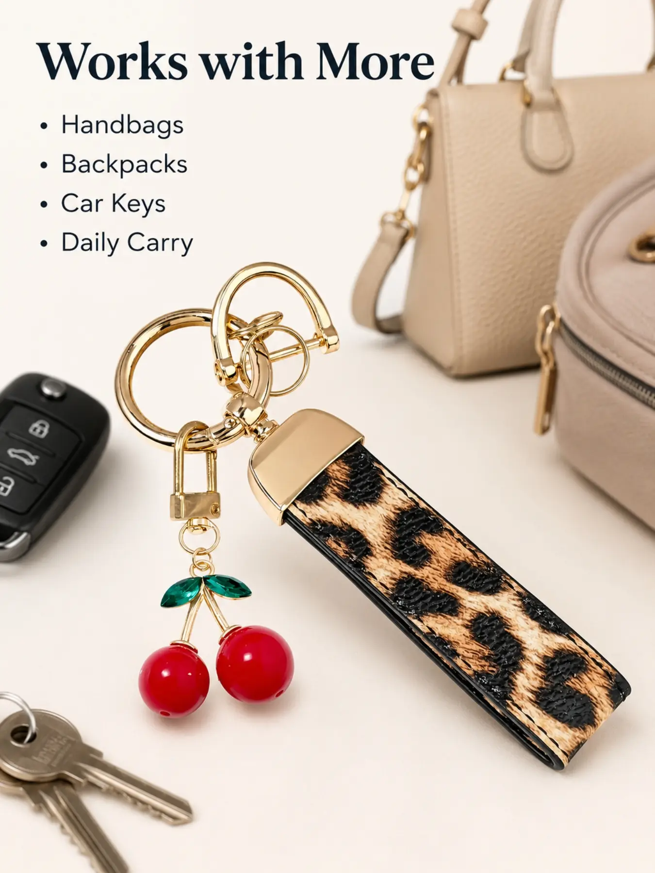 Leopard Print/Embossed Keychains, Cherry Pendant Keyring Set Leopard Strap Keychain Pu Leather Key Chain Charm Lanyard Cherry Bag Charm for Women Men Y2K Aesthetic Car Key Fob Holder Handbag Accessories Bag Backpack Jewelry Gift Keychain for Bags