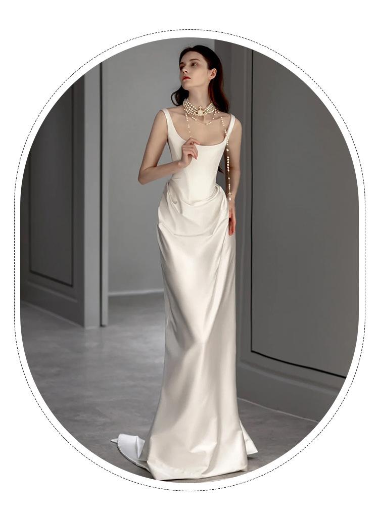 Satin Light Wedding Dress 2026 – Vintage Simple Spaghetti Strap Departure Gown, Small Train Bridal Evening Dress