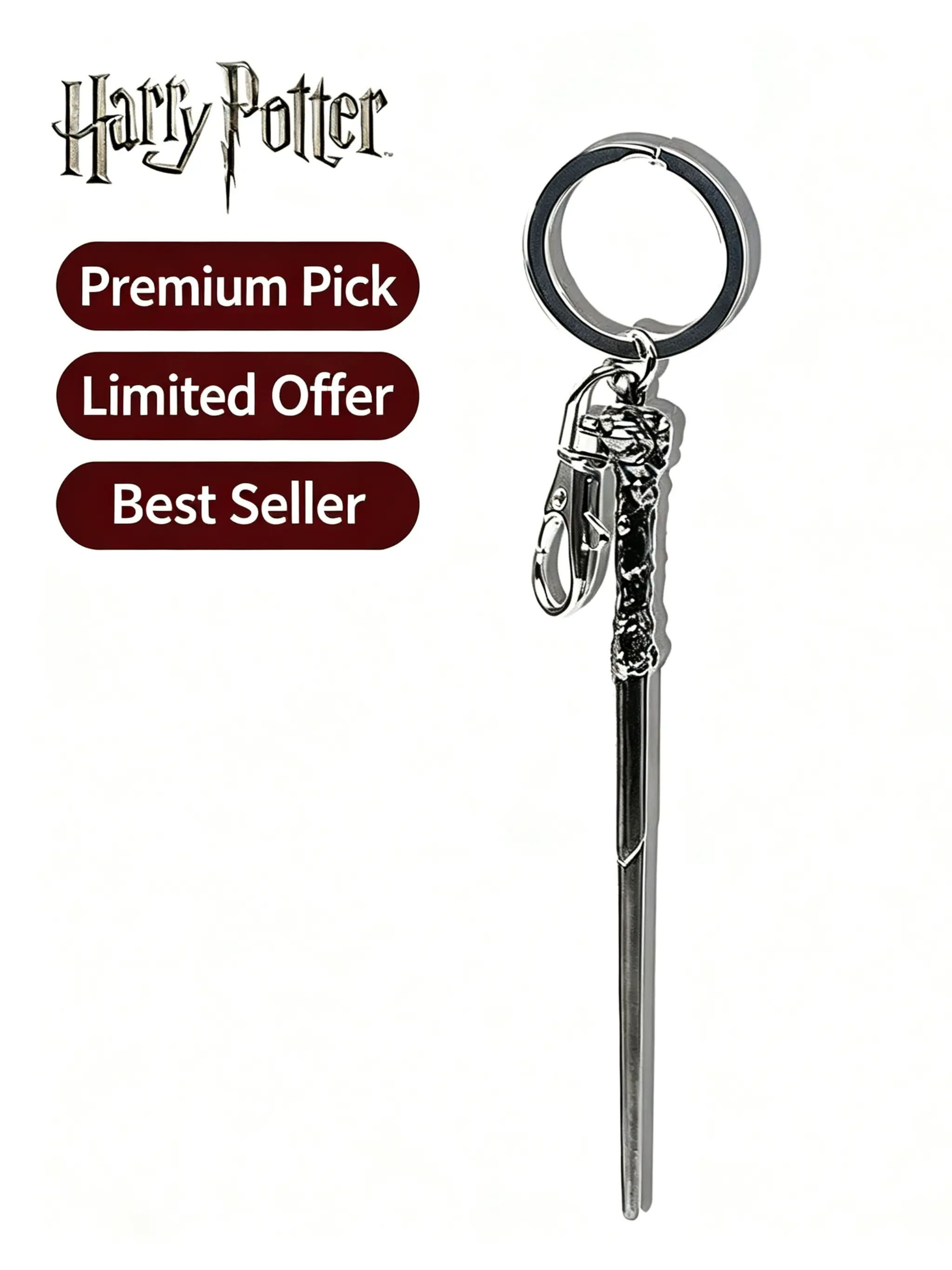 Harry Potter Official Licensed Wand Shape Metal Keychain, Alloy Pendant, Backpack Car Key Ring, Classic Gift for Fans