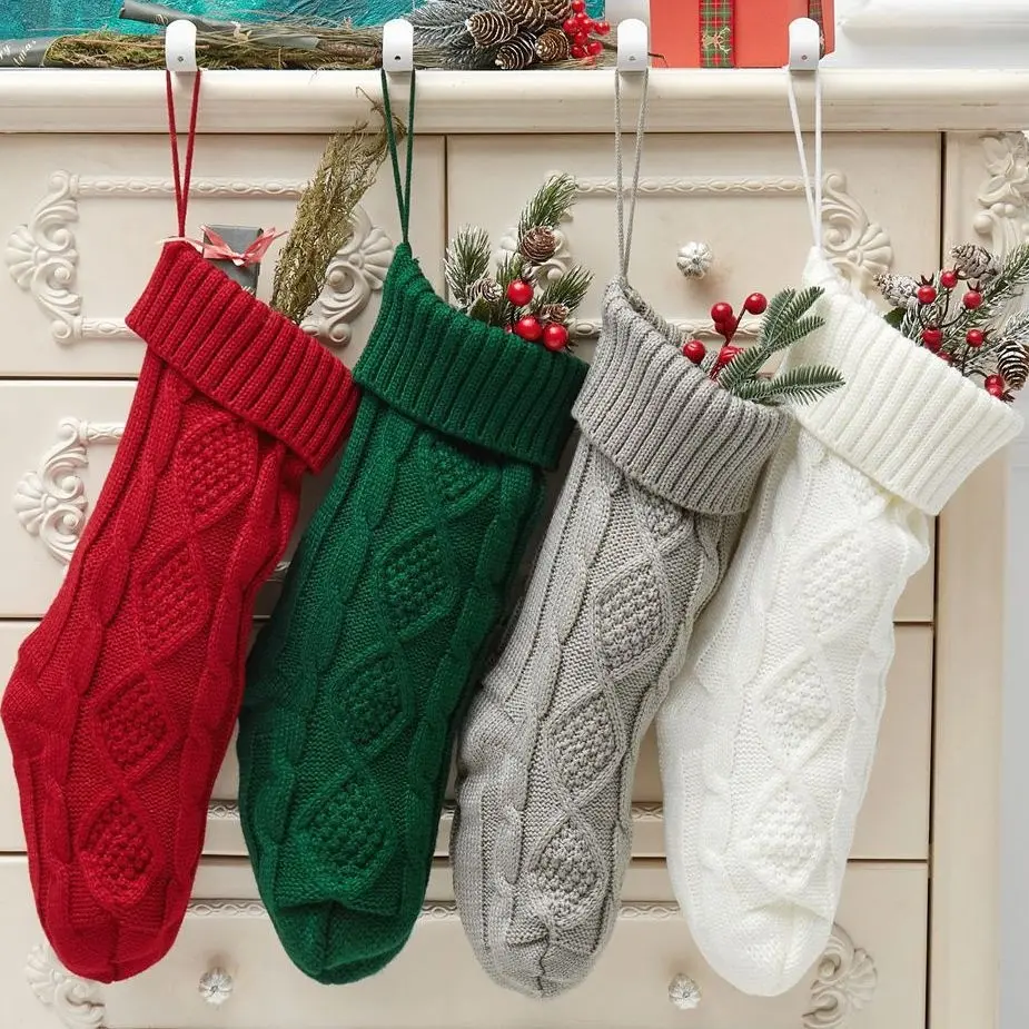 1 Pairs Cable Knit Christmas Stockings Classic Retro Twisted Knit Xmas Gift Socks With Hanging Loop Multi Color Large Capacity Fireplace Hanging Ornament For Family Holiday Party Deco