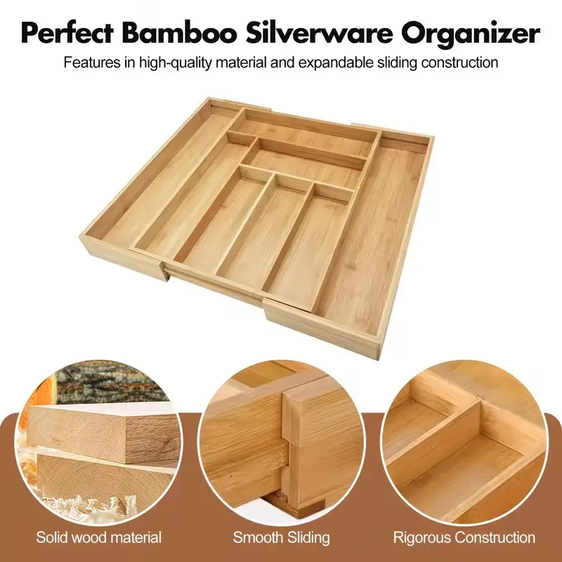 Multi-Functional Expandable Smooth Bamboo Drawer Storage Box, Adjustable Divided Compartments Organiser Cutlery Tray, Kitchen Drawer Utensil Holder, Versatile Storage Organizer Tray for Household and Office Supplies