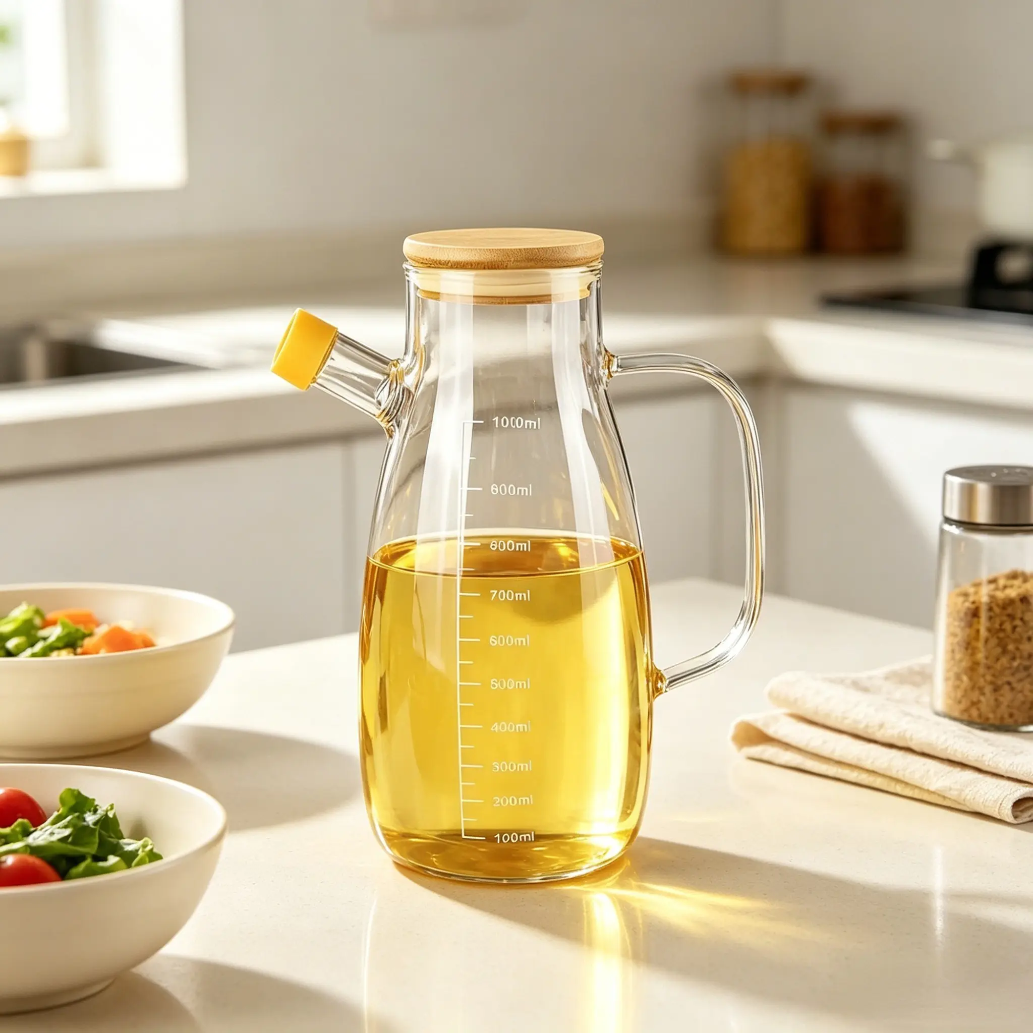 Large Capacity Transparent Glass Olive Oil Bottle 1000ML, Glass Oil Dispenser, Leak-Proof Design, Ideal for Outdoor Activities and Kitchen Use