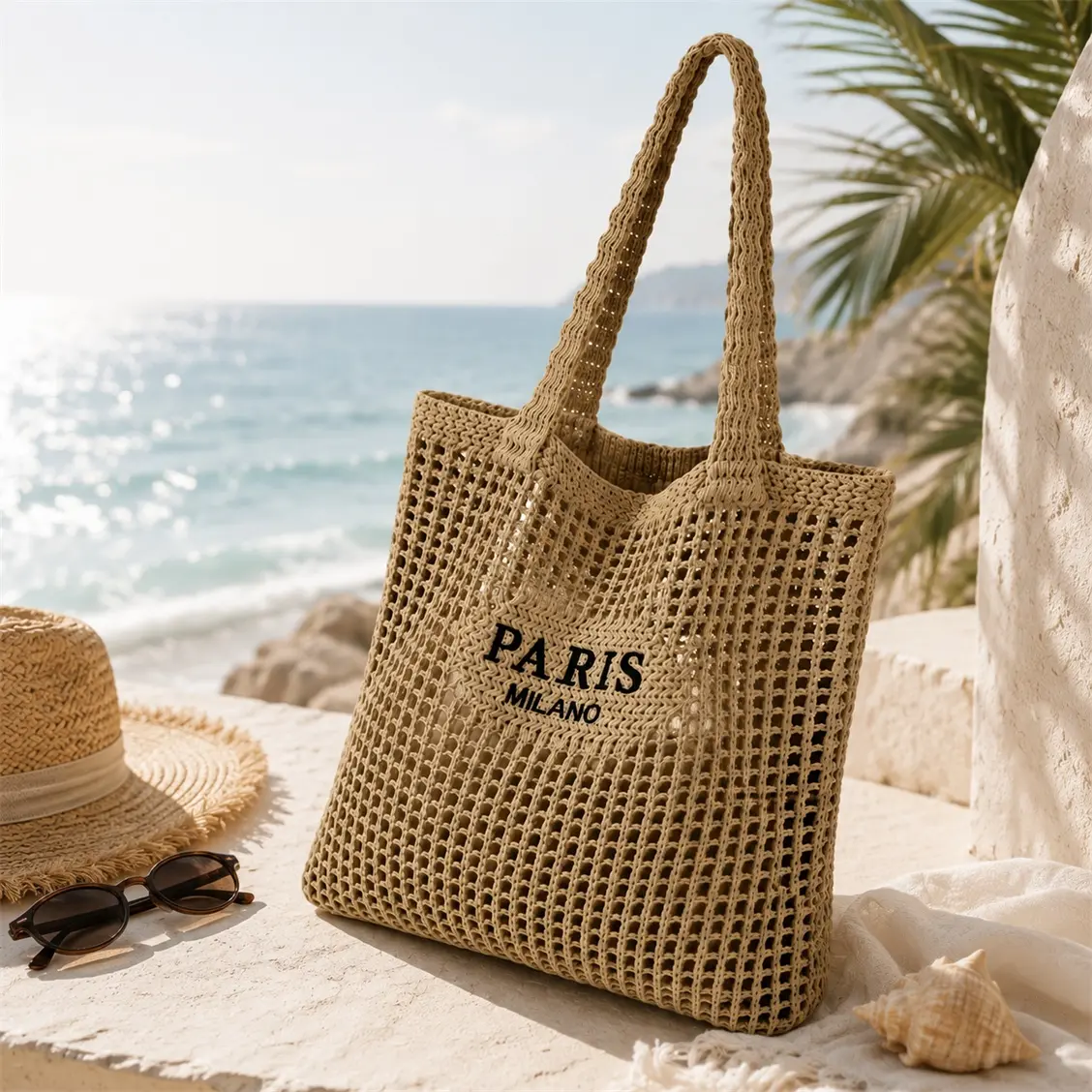 Women’s Crochet Tote Bag, Knitted Shoulder Bag with Paris Letter Design, Large Capacity Beach Bag, Lightweight Woven Handbag for Travel, Shopping & Daily Use