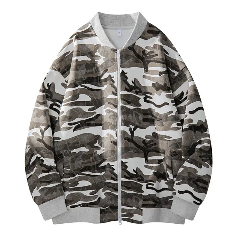 Men's Camouflage Print Long Sleeve Zip-Up Baseball Collar Jacket - Menswear Tops with Full-Front Zipper, Side Pockets, Loose-Fit Casual Outerwear for Spring, Autumn Daily Commute, Machine Wash, Full Zipper, Polyester