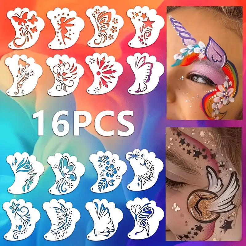 16-piece Face Painting Template Set, Suitable for Masquerade Balls, Cosplay, Carnival Parties, Birthday Parties, and Other Occasions. Hollowed-out Colored Painting Template Tools for Stenciling and Spray Painting. Washable and Reusable.