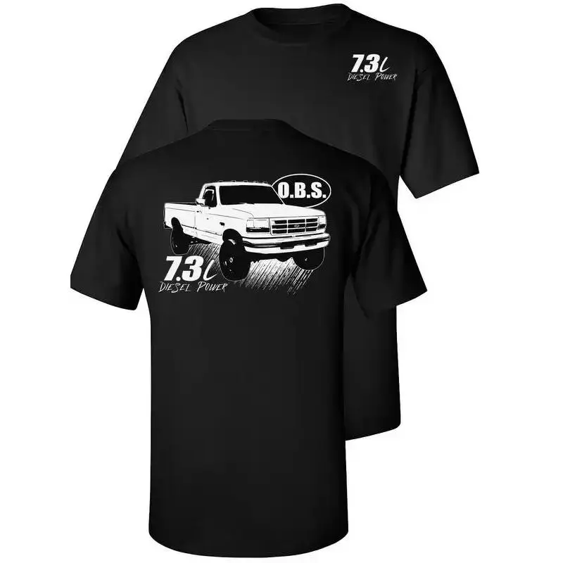 Men's OBS Truck Graphic T-shirt, Casual Loose-Fit 100% Cotton Tops with 7.3L Powerstroke Engine Print, Short Sleeve Round Neck Menswear, Made in USA, Normal Type