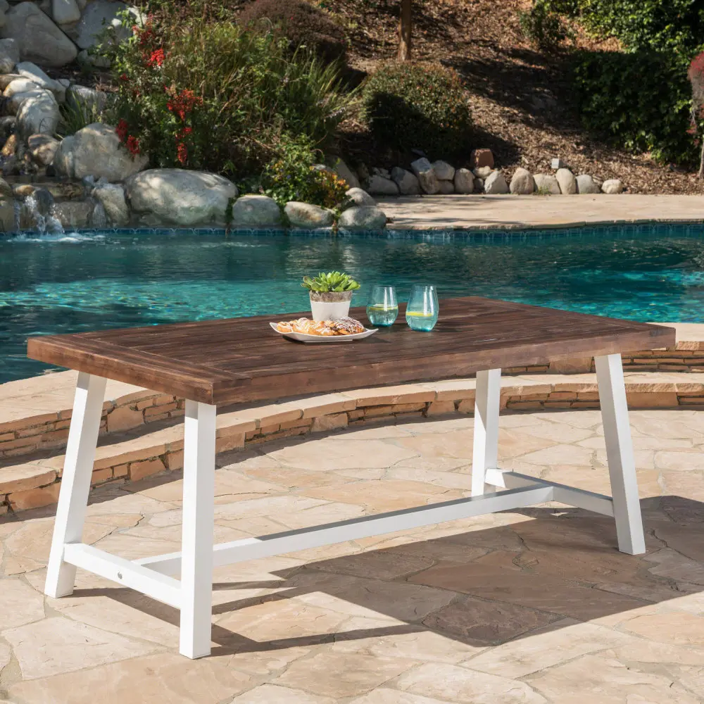 Littleox Outdoor Dark Brown Sandblast Finish Acacia Wood Dining Table with White Rustic Metal Finish Frame