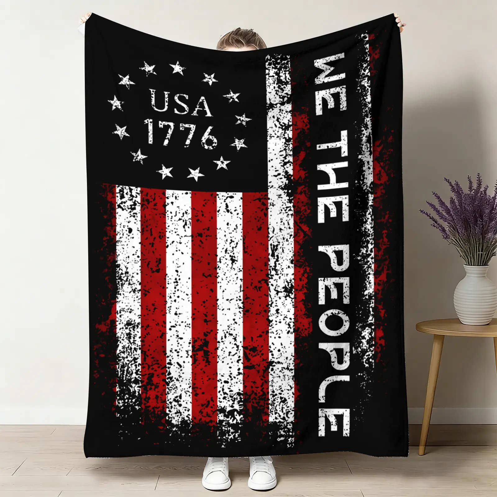 We The People Flag Throw Blanket - 13 Stars Distressed Flannel, Soft Comfy Patterns Throws, USA 1776 Vintage Design, Patriotic Gift for Him, 4th of July Man Cave Bedroom Decor, Flag Throws