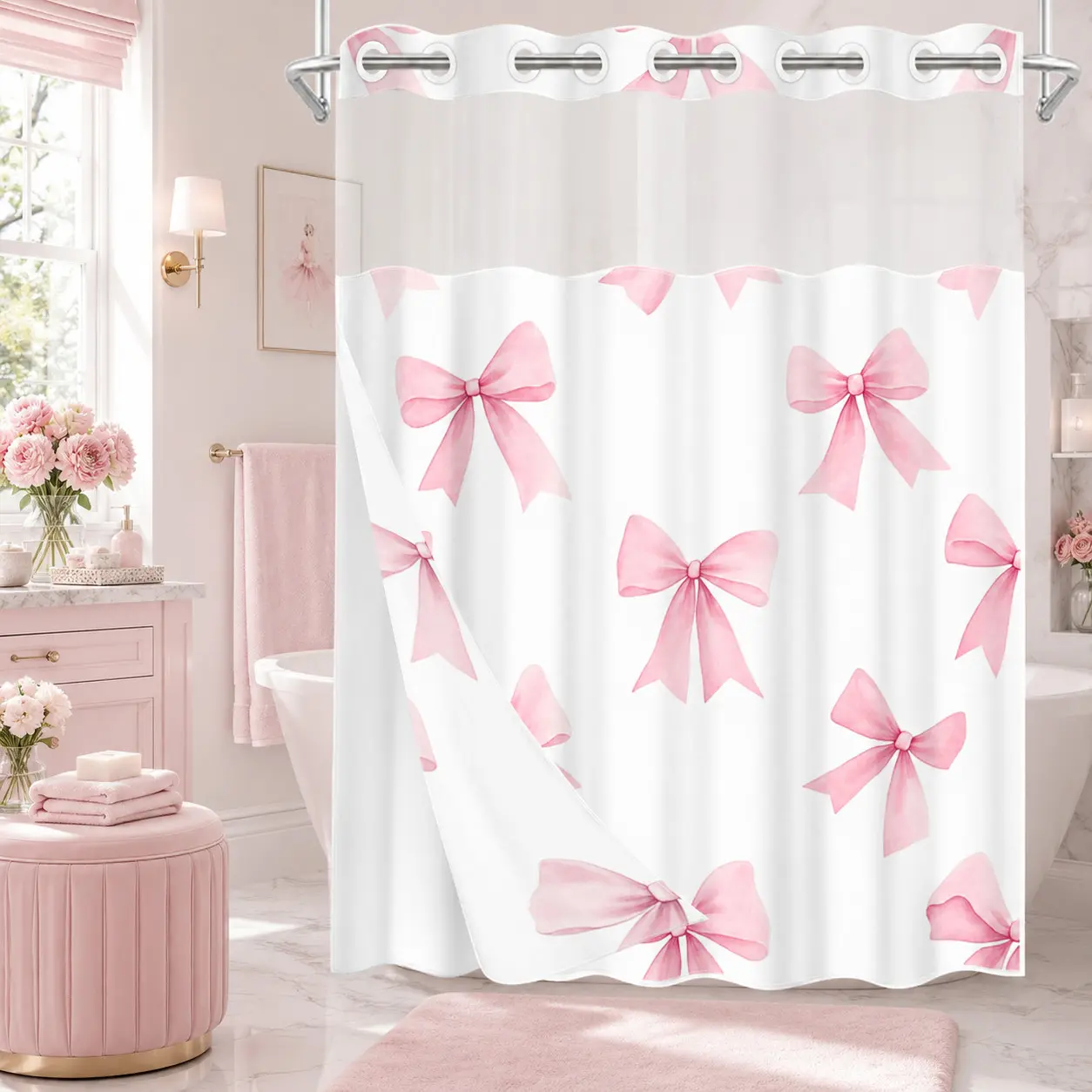 1 Pc Hookless Double Layer Girly Printed Shower Curtain, Pink Bow Print, Machine Washable Waterproof Mildew Resistant Fabric, Coquette Aesthetic Home Bathroom Decor, Removable Snap-in Liner, Top See-Through Window, 71"×74"