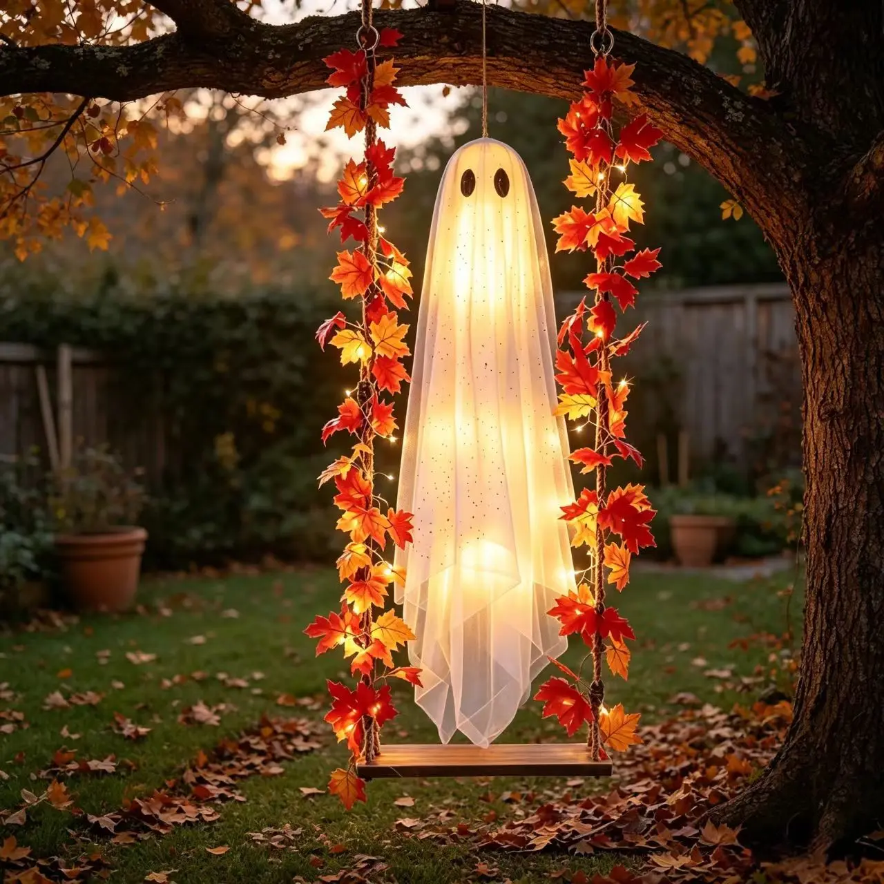 Maple Leaf Net Ghost Swing Ornament Halloween Party Decor, Party Supply, Indoor Outdoor Atmosphere Hanging Decoration, Halloween Event Props
