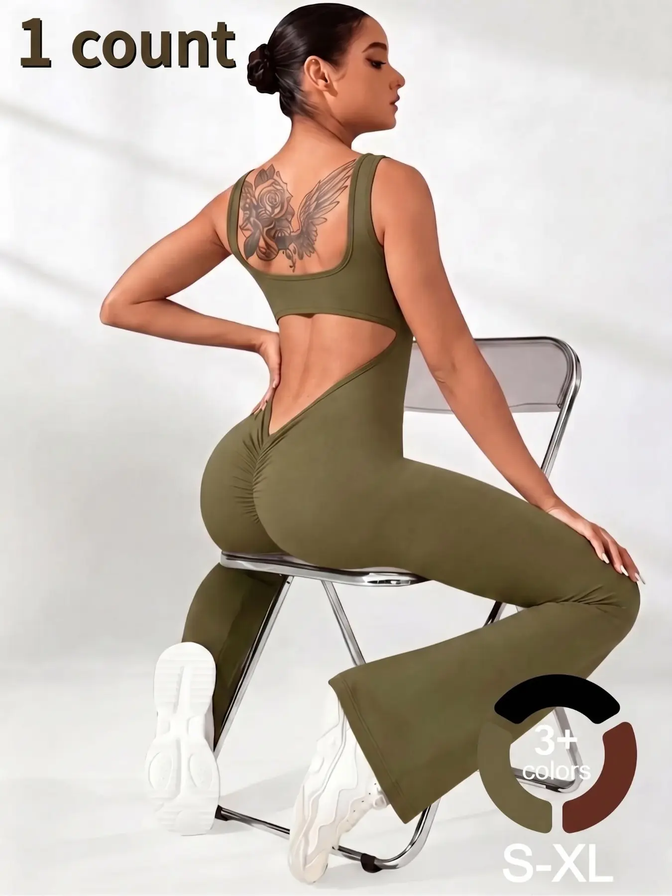 Women's Workout Stretch Flared Sports Jumpsuit Sexy Back Hip Lifting Gym Yoga Jumpsuit，Suitable for All Seasons