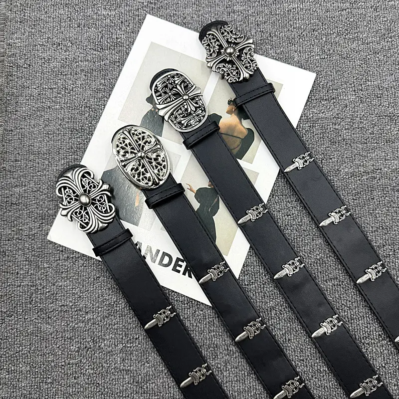 Hollow Cross Sword Slide Belt Unisex, Gothic 8 Sword Cross Metal Buckle Leather Belt, High Street Punk Decorative Waist Belt For Jeans