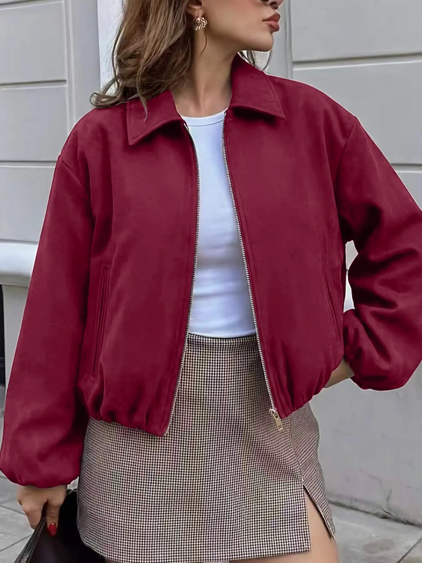 Women's Lapel Long Sleeve Short Casual Jacket, Pocketed Fashion Zipper Coat, Perfect for Fall Daily Wear, Stylish and Versatile Outerwear