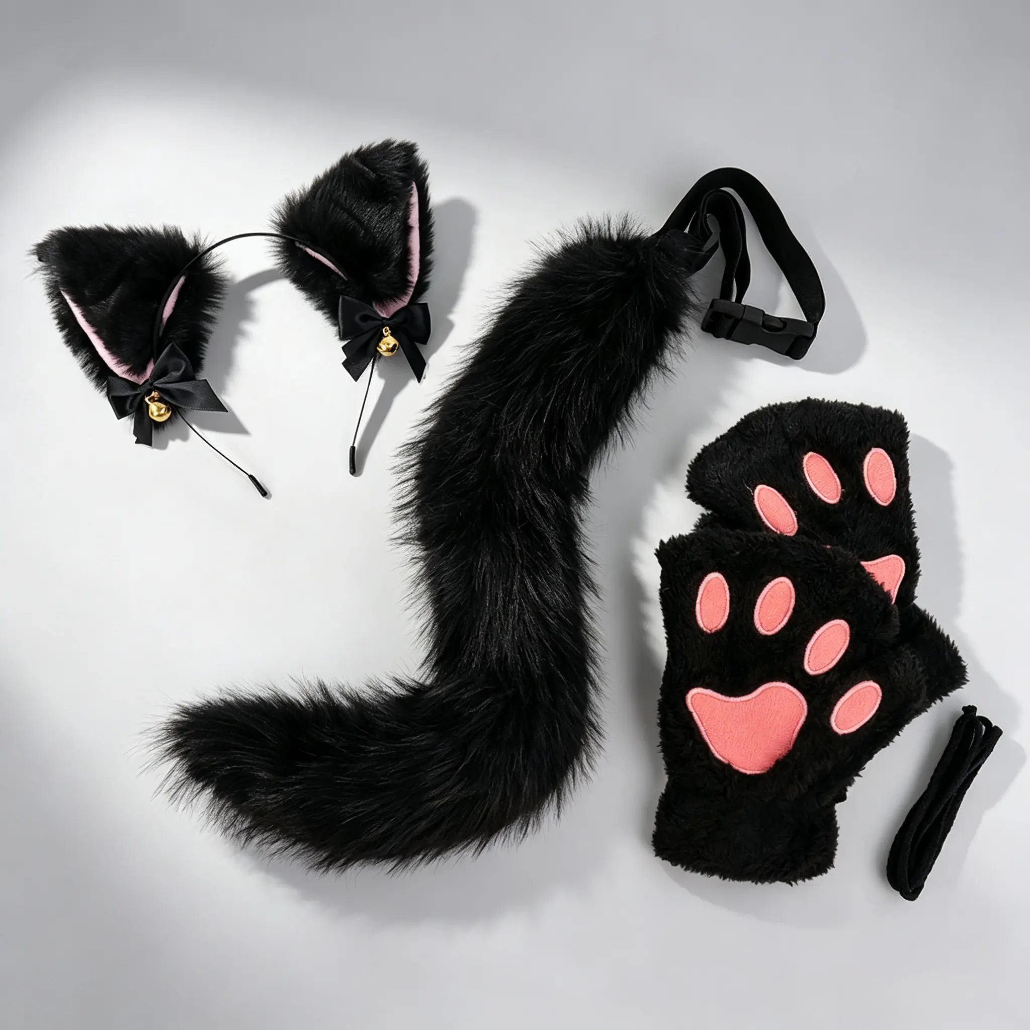 Cute Fluffy Plush Fabric Cat Girl Costume Set - Set Includes 3-Dimensional Plush Cat Ears Headband, Bendable Tail & Paw Gloves for Halloween Party, Anime Cosplay, Three-Dimensional