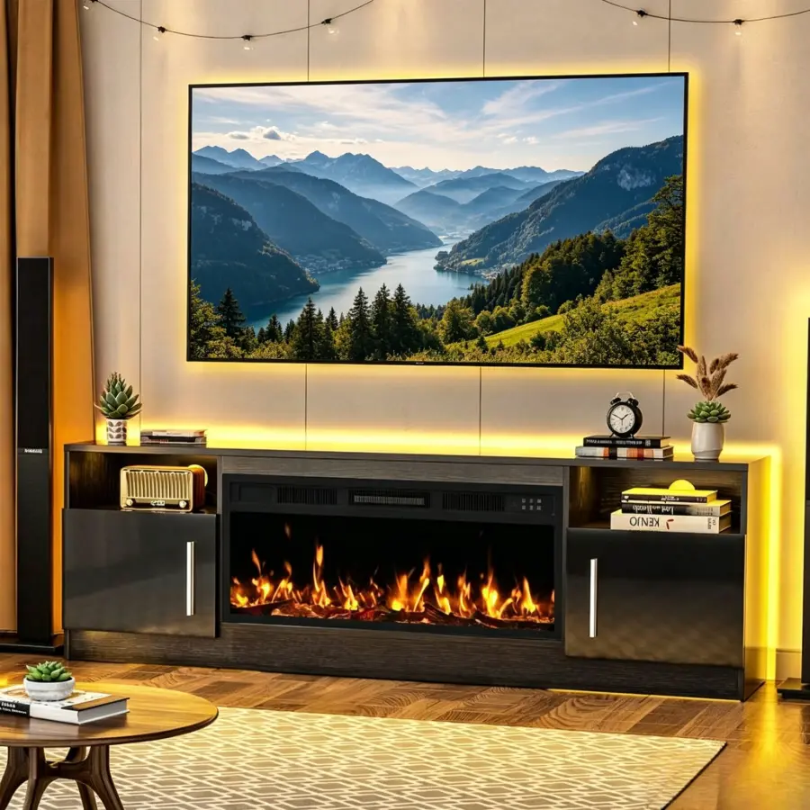 70 Inch Modern Electric Fireplace Media Console, Built-in Custom RGB LED Ambient Lighting, Spacious Enclosed Storage Cabinets, Wide Entertainment Center Compatible with Televisions Up to 80 Inches, Multifunctional Living Room Home Decor Media Cabinet