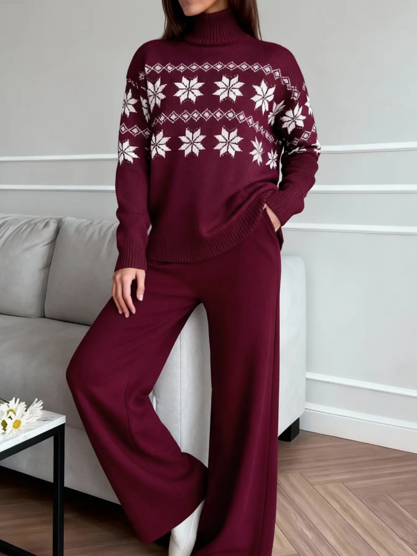 Two-Piece Christmas Set, Elegant and Comfortable, High Neck Sweater + Wide Leg Pants, Women's Holiday Home & Commute Wear