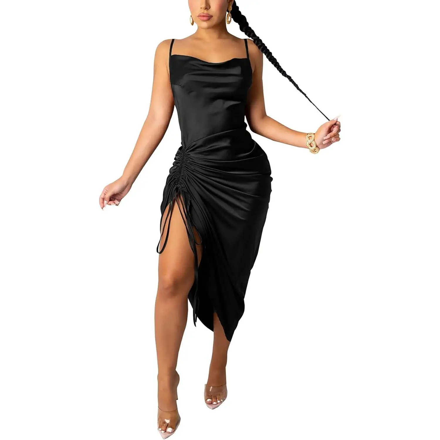 Women's Satin Spaghetti Strap Formal Dress - Sexy Backless Gown with Drawstring, Ruched Split Hem for Cocktail, Evening Parties, Formal Wear