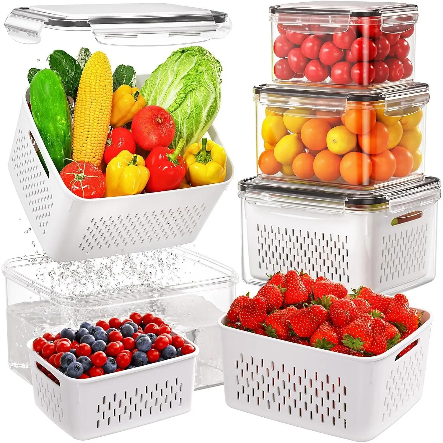 Nifogo 4-Pack BPA-Free Plastic 2-in-1 Refrigerator Storage Bins with Colander, Airtight Cover & Strainer - Multifunctional Kitchen Gadgets for Fresh Fruits & Veggies