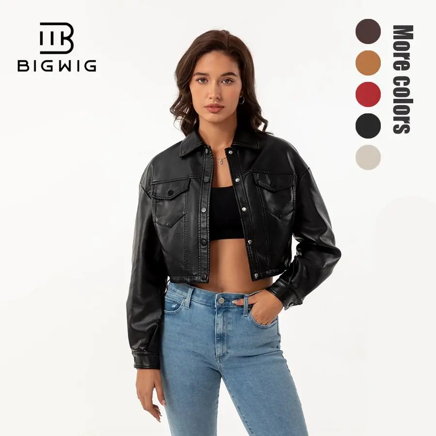 Women's Soft Faux Leather (Soft PU) Cropped Moto Jacket - Long Sleeves, Button-Down, Pockets, Comfortable Outerwear with Streetwear Edge, Hot-Pants Ready for Daily Wear & Clubwear, Size S, Chic