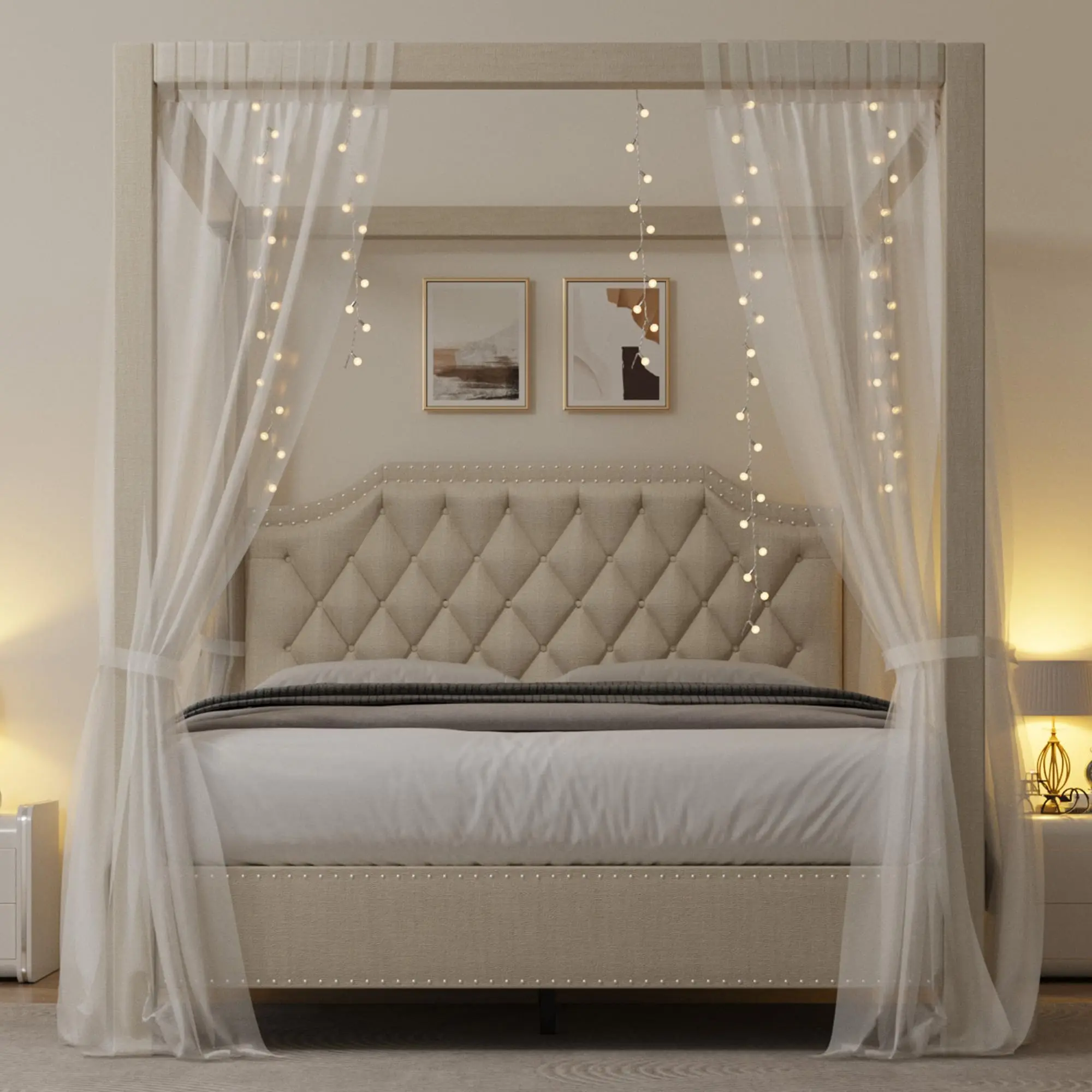 GARVEEUpholstered Canopy Bed Frame Queen Size with headboard, Button Tufted, Nailhead Trim Design, No Box Spring Required, Beige